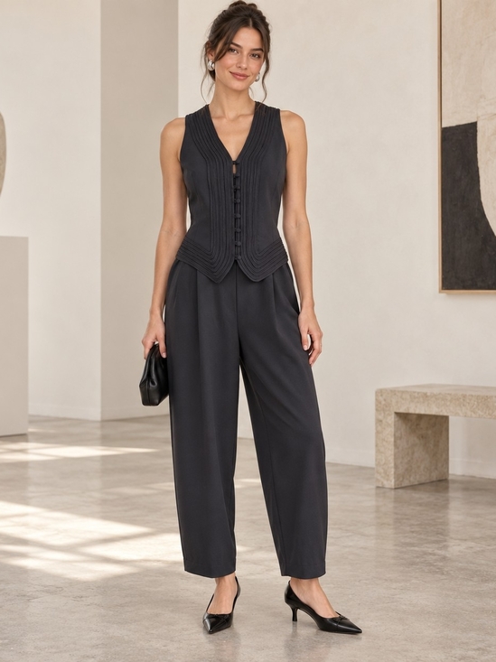 Laundry By Shelli Segal Pants - Vintage 90s Black Jumpsuit Laundry by Shelli Segal Vest Cropped Leg Size 6